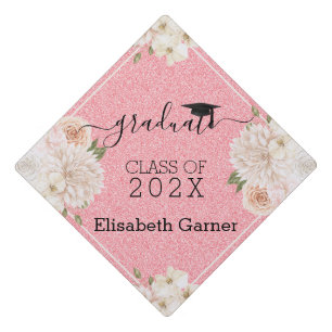 Pink Glitter Beige Flowers Tassel Topper