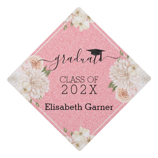 Pink Glitter Beige Flowers Tassel Topper (Front)