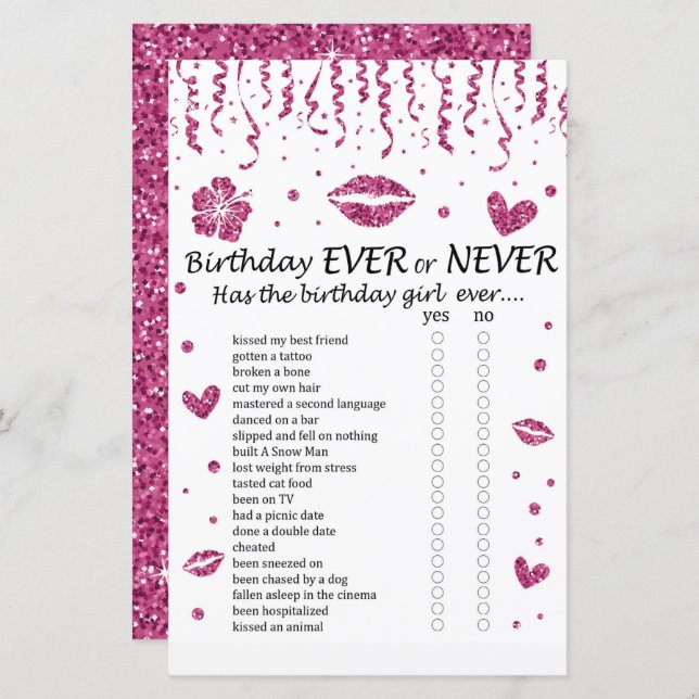 Pink glitter Birthday Ever or Never Game (Front/Back)