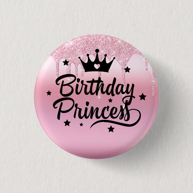 Pink Glitter "Birthday Princess"  Button (Front)
