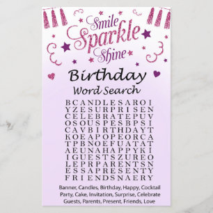 Pink glitter Birthday Word Search Game
