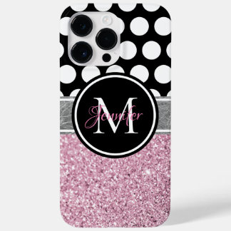 Pink Glitter Black and White Polka Dot Monogram Case-Mate iPhone 14 Pro Max Case