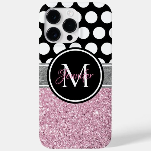 Pink Glitter Black and White Polka Dot Monogram Case_Mate iPhone 14 Pro Max Case