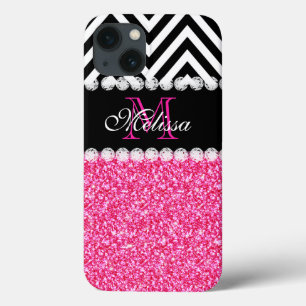 PINK GLITTER BLACK CHEVRON MONOGRAM iPhone 13 CASE