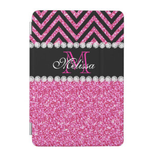Pink Glitter Black Chevron Monogram iPad Mini Cover