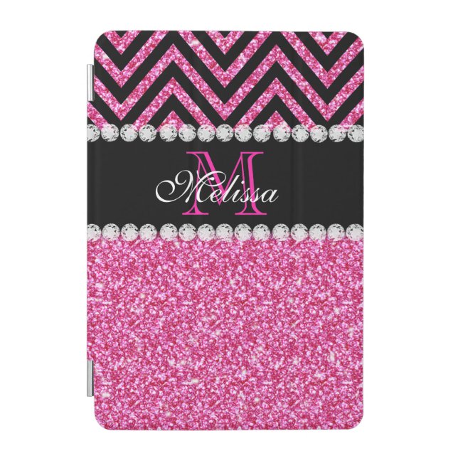 Pink Glitter Black Chevron Monogram iPad Mini Cover (Front)