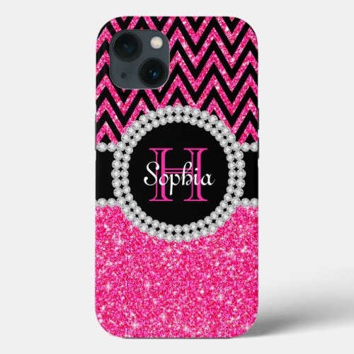 Pink Glitter Black Chevron Monogram iPhone 13 Case