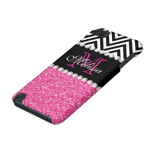 PINK GLITTER BLACK CHEVRON MONOGRAM iPod TOUCH 5G COVER (Bottom)