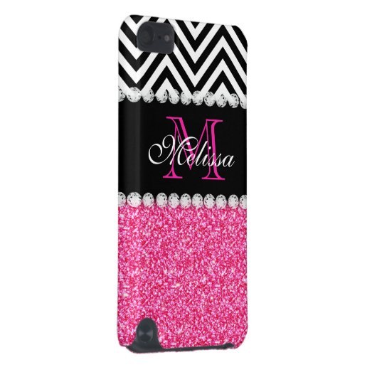 PINK GLITTER BLACK CHEVRON MONOGRAM iPod TOUCH 5G COVER (Back/Right)