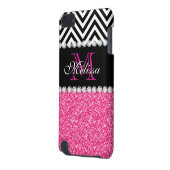 PINK GLITTER BLACK CHEVRON MONOGRAM iPod TOUCH 5G COVER (Back Left)