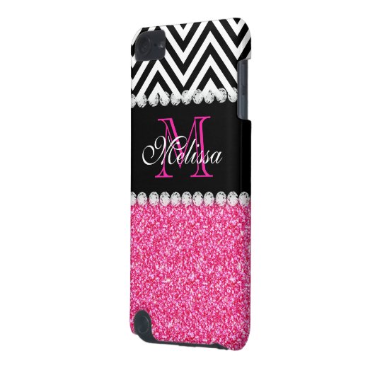 PINK GLITTER BLACK CHEVRON MONOGRAM iPod TOUCH 5G COVER (Back Left)