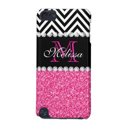Pink Glitter Black Chevron Monogram Ipod Touch 5g Cover