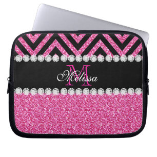 Pink Glitter Black Chevron Monogram Laptop Sleeve