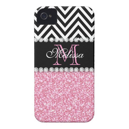 PINK GLITTER BLACK CHEVRON MONOGRAMMED iPhone 4 CASES | Zazzle