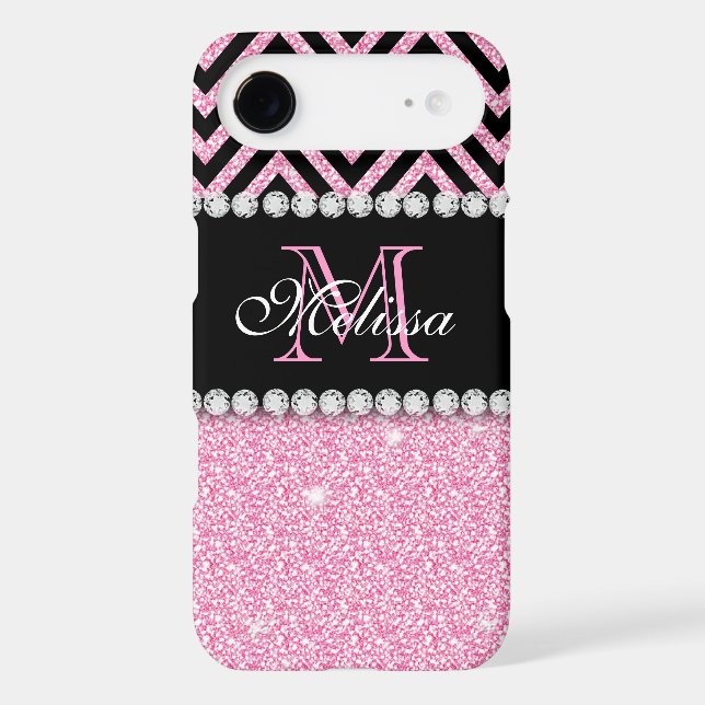PINK GLITTER BLACK CHEVRON MONOGRAMMED Case-Mate iPhone CASE (Back)