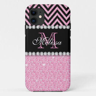 PINK GLITTER BLACK CHEVRON MONOGRAMMED iPhone 11 CASE