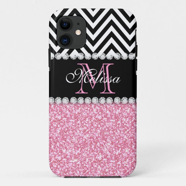 PINK GLITTER BLACK CHEVRON MONOGRAMMED Case-Mate iPhone CASE (Back)