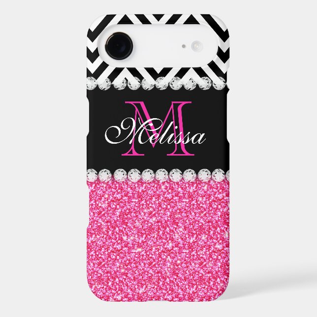 PINK GLITTER BLACK CHEVRON MONOGRAMMED Case-Mate iPhone CASE (Back)