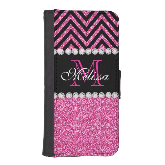 Pink Glitter Black Chevron MonogramMED iPhone Wallet Case (Front)