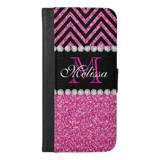 Pink Glitter Black Chevron MonogramMED iPhone Wallet Case (Front)