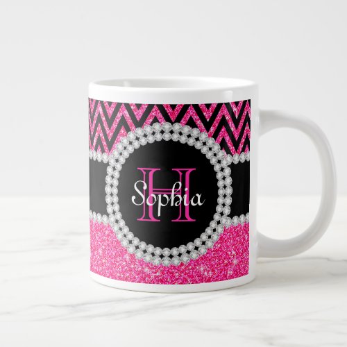 Pink Glitter Black Chevron Monogrammed Jumbo Mug