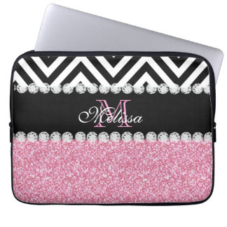 PINK GLITTER BLACK CHEVRON MONOGRAMMED LAPTOP SLEEVE