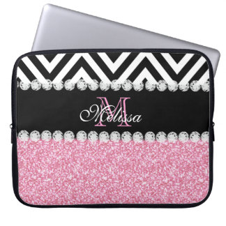 PINK GLITTER BLACK CHEVRON MONOGRAMMED LAPTOP SLEEVE