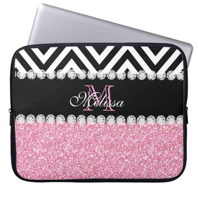 PINK GLITTER BLACK CHEVRON MONOGRAMMED LAPTOP SLEEVE (Front)