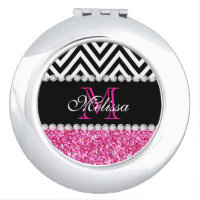 PINK GLITTER BLACK CHEVRON MONOGRAMMED MIRROR FOR MAKEUP