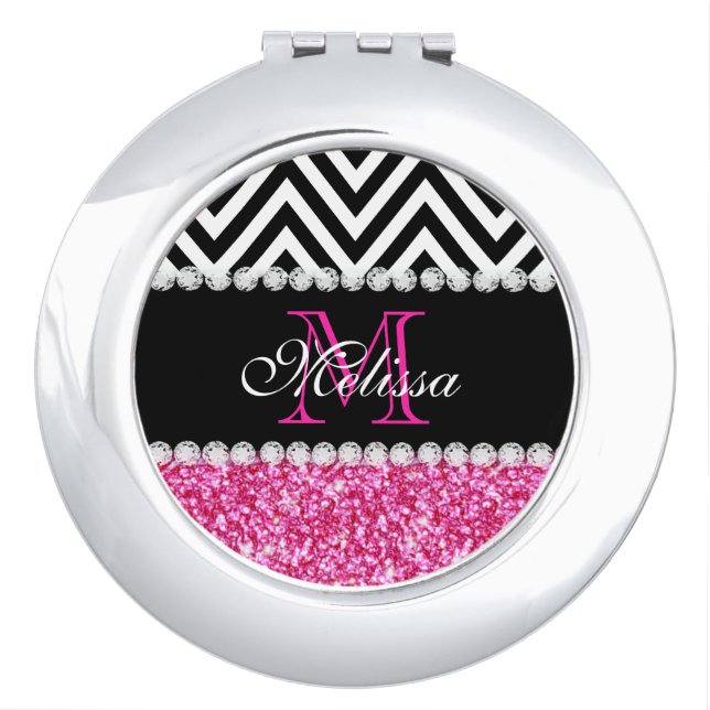 PINK GLITTER BLACK CHEVRON MONOGRAMMED MIRROR FOR MAKEUP (Front)