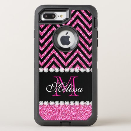 Pink Glitter Black Chevron Monogrammed Otterbox Defender Iphone 8 Plus