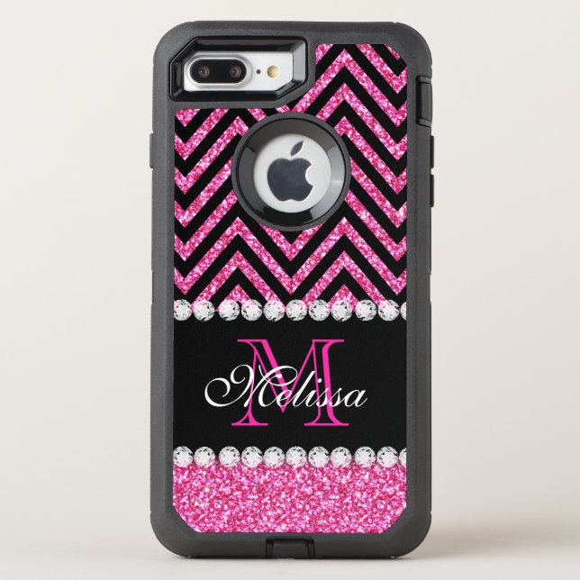 Pink Glitter Black Chevron Monogrammed Otterbox iPhone Case (Back)