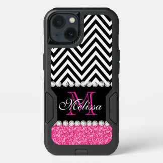 PINK GLITTER BLACK CHEVRON MONOGRAMMED iPhone 13 CASE