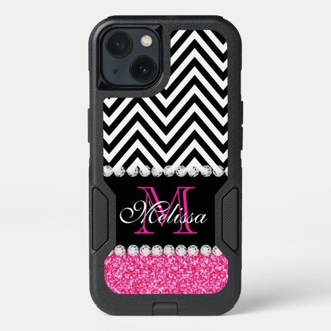 PINK GLITTER BLACK CHEVRON MONOGRAMMED OTTERBOX iPhone CASE (Back)