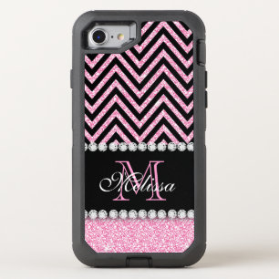 PINK GLITTER BLACK CHEVRON MONOGRAMMED OtterBox DEFENDER iPhone SE/8/7 CASE