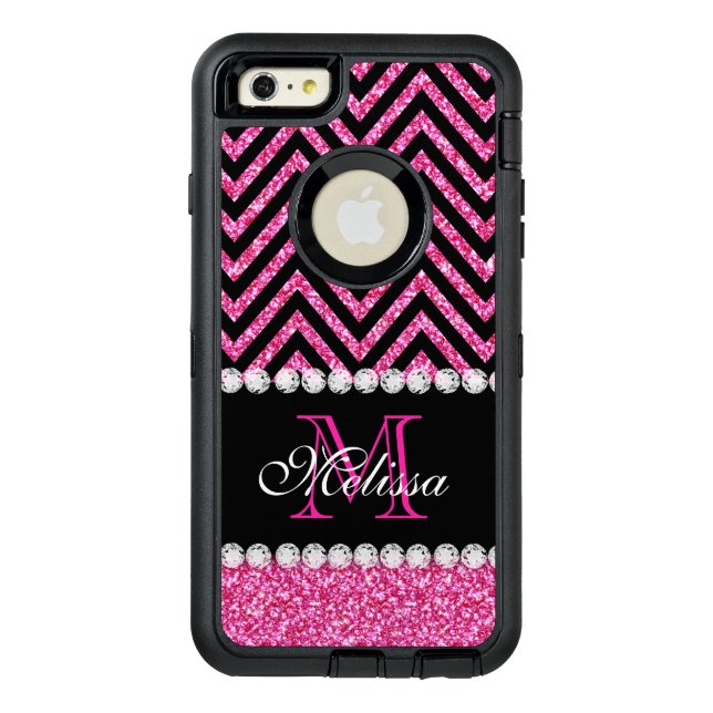 Pink Glitter Black Chevron Monogrammed Otterbox iPhone Case (Back)