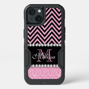 PINK GLITTER BLACK CHEVRON MONOGRAMMED iPhone 13 CASE