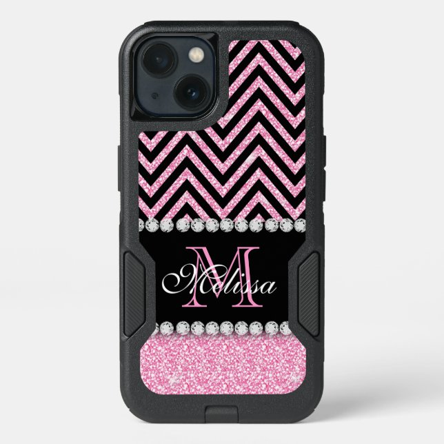 PINK GLITTER BLACK CHEVRON MONOGRAMMED OTTERBOX iPhone CASE (Back)