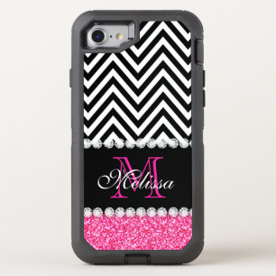 PINK GLITTER BLACK CHEVRON MONOGRAMMED OtterBox DEFENDER iPhone SE/8/7 CASE