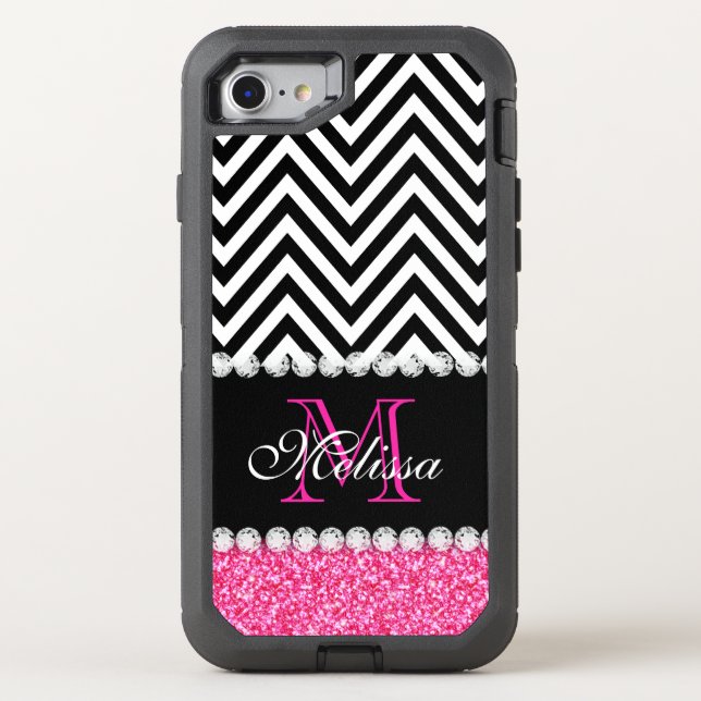 PINK GLITTER BLACK CHEVRON MONOGRAMMED OTTERBOX iPhone CASE (Back)