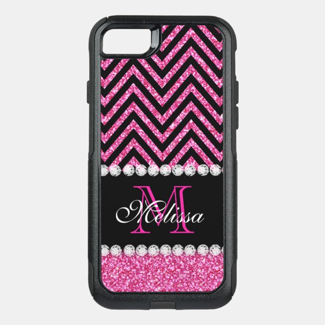 Pink Glitter Black Chevron Monogrammed Otterbox iPhone Case (Back)