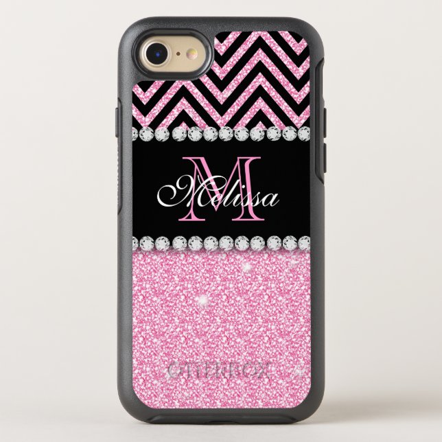 PINK GLITTER BLACK CHEVRON MONOGRAMMED OTTERBOX iPhone CASE (Back)