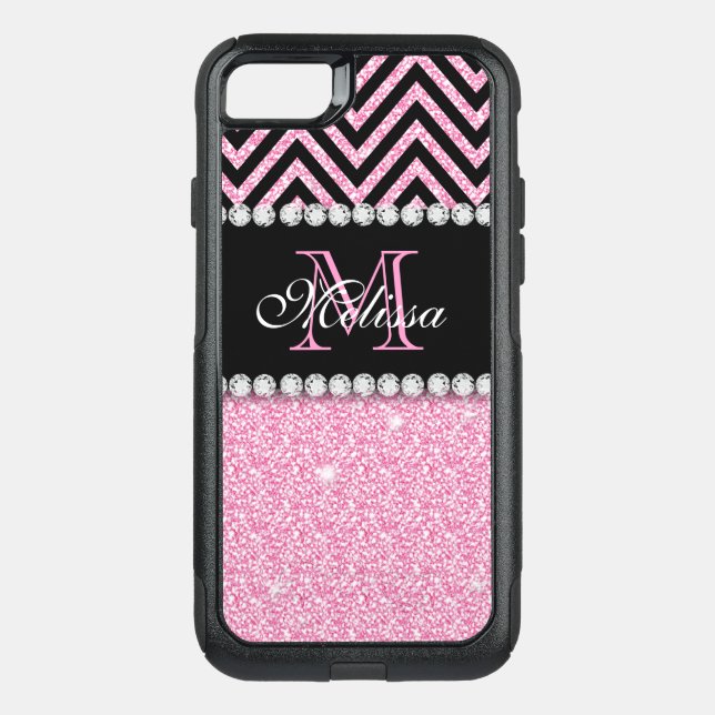 PINK GLITTER BLACK CHEVRON MONOGRAMMED OTTERBOX iPhone CASE (Back)