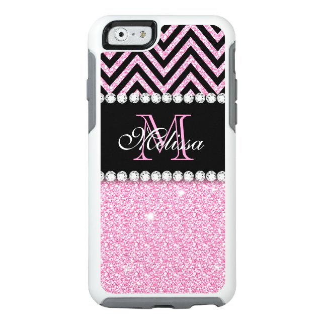 PINK GLITTER BLACK CHEVRON MONOGRAMMED OTTERBOX iPhone CASE (Back)