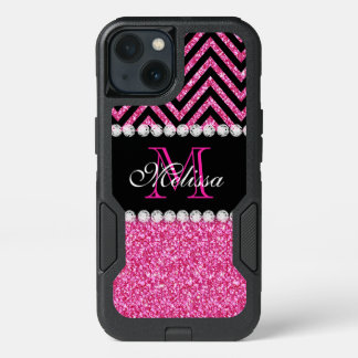 Pink Glitter Black Chevron Monogrammed iPhone 13 Case