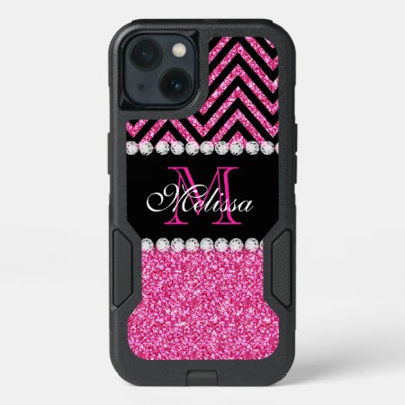 Pink Glitter Black Chevron Monogrammed Iphone 13 Case