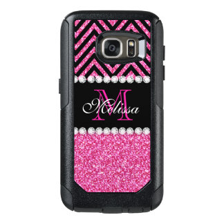 Pink Glitter Black Chevron Monogrammed OtterBox Samsung Galaxy S7 Case