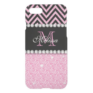 PINK GLITTER BLACK CHEVRON MONOGRAMMED iPhone SE/8/7 CASE