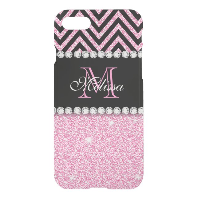 PINK GLITTER BLACK CHEVRON MONOGRAMMED UNCOMMON iPhone CASE (Back)