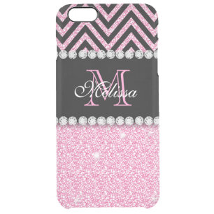 PINK GLITTER BLACK CHEVRON MONOGRAMMED CLEAR iPhone 6 PLUS CASE